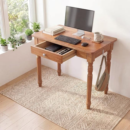 100% Solid Wood Desk with Drawers, 31 x 16 Inch Narrow Mid Century Modern Desk, Vintage Small Wooden Writing Table for Small Spaces Bedroom, Living Room, Office