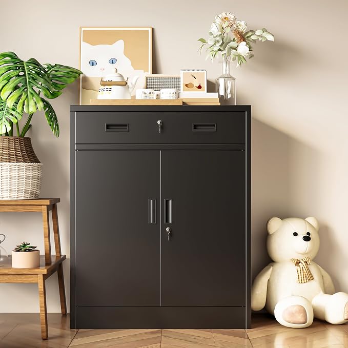 36" H Metal Cabinet, Garage Storage Cabinet, Locking Storage Cabinet, Metal Cabinets with Doors and Shelves for Home, School, Office, Garage, Black