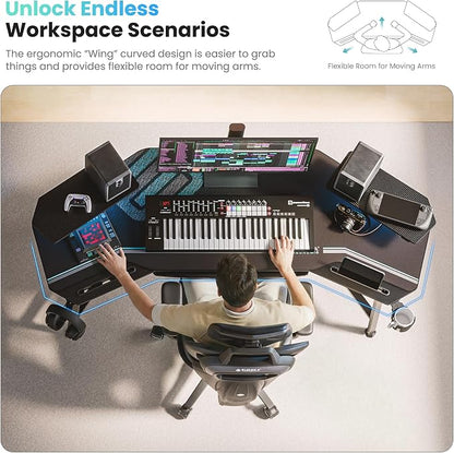 EUREKA ERGONOMIC Aero 72 Inch Gaming Desk with Keyboard Tray, Large Computer Desk Led Lights, Wing-Shaped Monitor Stand Dual Headphone Hanger Cup Holder for Studio,Streamer,Live,Black