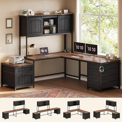 SEDETA Farmhouse L Shaped Office Desk with 6 Drawer, Reversible Computer Desk with Power Outlet, Hutch for Home Office/Two Person, Corner Desk with File Drawer & Printer Storage Shelves, Black