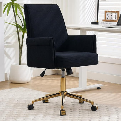 YITAI Stripes Velvet 360°Swivel Desk Chair, Modern Height Adjustable Home Office Armchair with Gold Base and Wheels for Vanity, Comfy Computer Chair for Study Living Room Bedroom（Black）