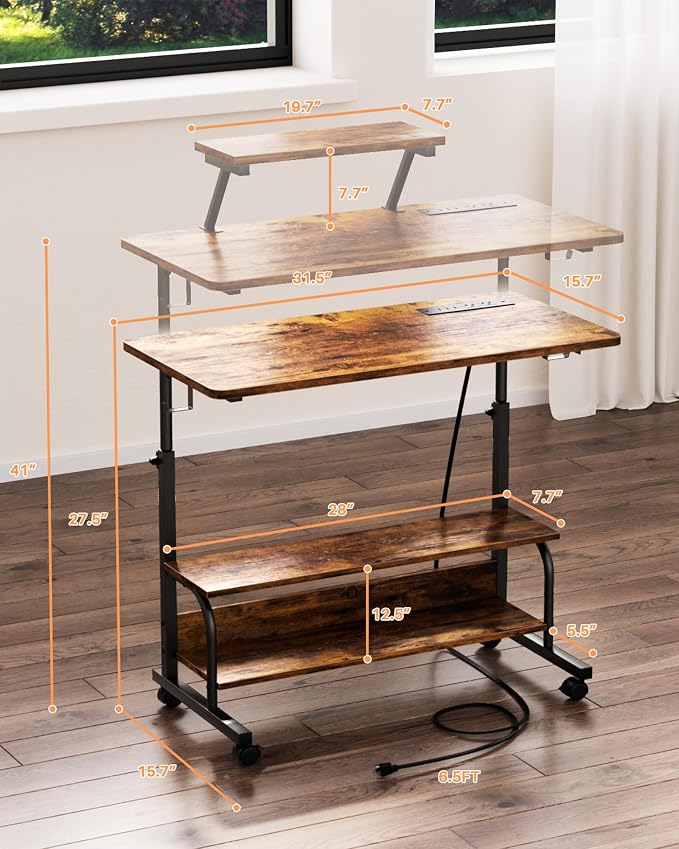 Height Adjustable Standing Desk with Power Outlets and LED Lights - 32" Manual Stand Up Desk with Monitor Stand and Storage Shelves Small Mobile Rolling Computer Desk Portable Laptop Table, Rustic