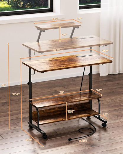 Height Adjustable Standing Desk with Power Outlets and LED Lights - 32" Manual Stand Up Desk with Monitor Stand and Storage Shelves Small Mobile Rolling Computer Desk Portable Laptop Table, Rustic