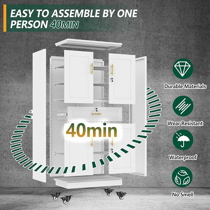 winiowa 71" Tall Metal Garage Storage Cabinet with Wheels and Locking Doors, Locking Rolling Tool Cabinet with Drawer and 3 Adjustable Shelves for Garage,Home,Office-White