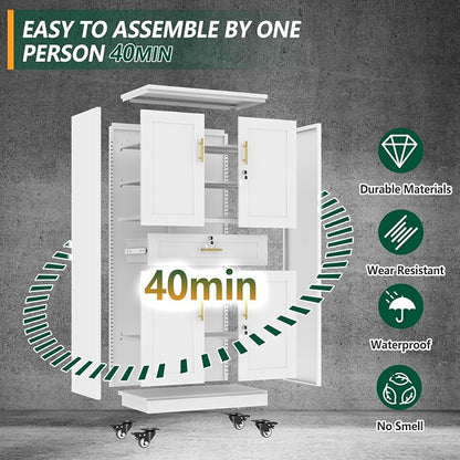 winiowa 71" Tall Metal Garage Storage Cabinet with Wheels and Locking Doors, Locking Rolling Tool Cabinet with Drawer and 3 Adjustable Shelves for Garage,Home,Office-White