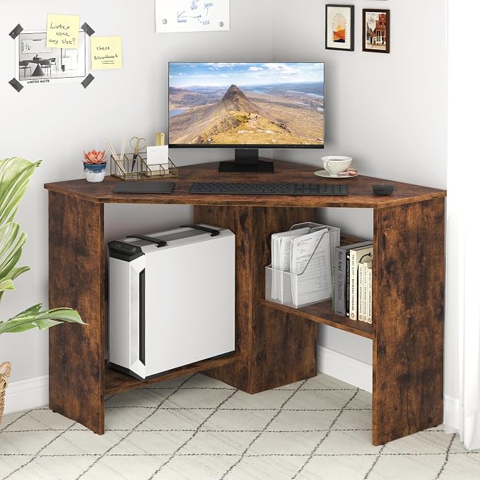 Giantex Corner Desk, Space-Saving Triangle Computer Desk with Storage Shelves & CPU Stand, Modern Makeup Vanity Table for Bedroom, Writing Desk for Small Spaces (Rustic Brown)