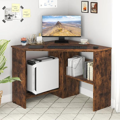 Giantex Corner Desk, Space-Saving Triangle Computer Desk with Storage Shelves & CPU Stand, Modern Makeup Vanity Table for Bedroom, Writing Desk for Small Spaces (Rustic Brown)