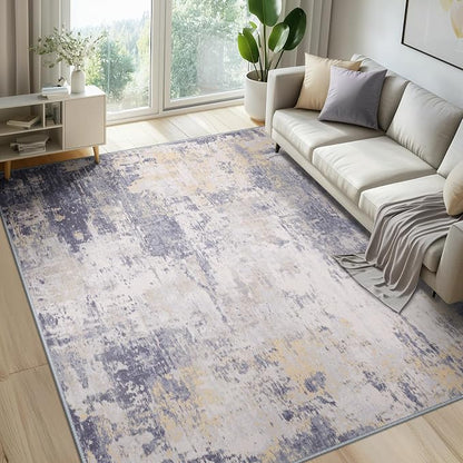 RELEANY Washable Area Rugs 9'x12' Non-Slip Modern Abstract Soft for Living Room Entryway Bedroom Kitchen, Print Pattern, Purple Grey Cream Yellow