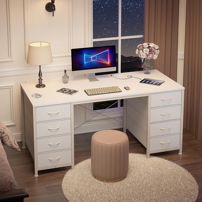 YOMILUVE 50 Inch White Computer Desk with 8 Drawers, Home Office Desk with Power Outlets, Work Study Gaming Desk with 8 Fabric Drawers, White
