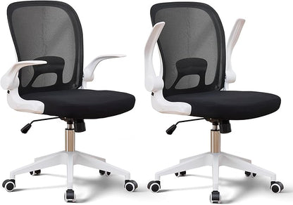 IPKIG Foldable Office Chair for Small Spaces | Home Office Folding Desk Chairs with Wheels and Flip Up Arms | Ergonomic Mesh Computer Chair for Adults & Kids (2PCS White)
