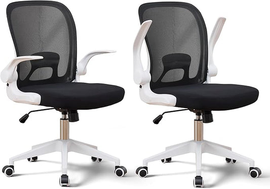 IPKIG Foldable Office Chair for Small Spaces | Home Office Folding Desk Chairs with Wheels and Flip Up Arms | Ergonomic Mesh Computer Chair for Adults & Kids (2PCS White)
