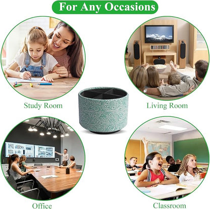 lizimandu Round Leather Art Supply Organizer,Remote Control Holder,360 Degree Spinning,Multi-Functional Pencil Holder,4 Compartments Desktop Stationary Organizer(1-Carved Stone Green)
