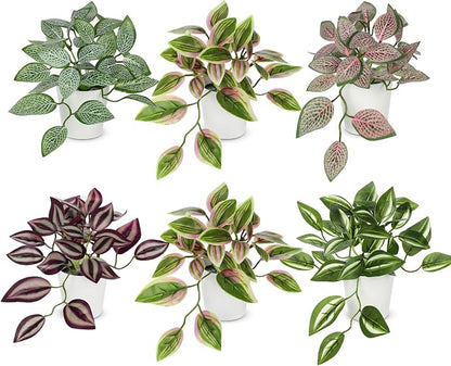 Hollyone Fake Plants 6 Pack Artificial Plants Indoor Faux Plant with White Plastic Pot Small Fake Potted Plant for Home Aesthetic Living Room Bathroom Desk Shelf Office Decor