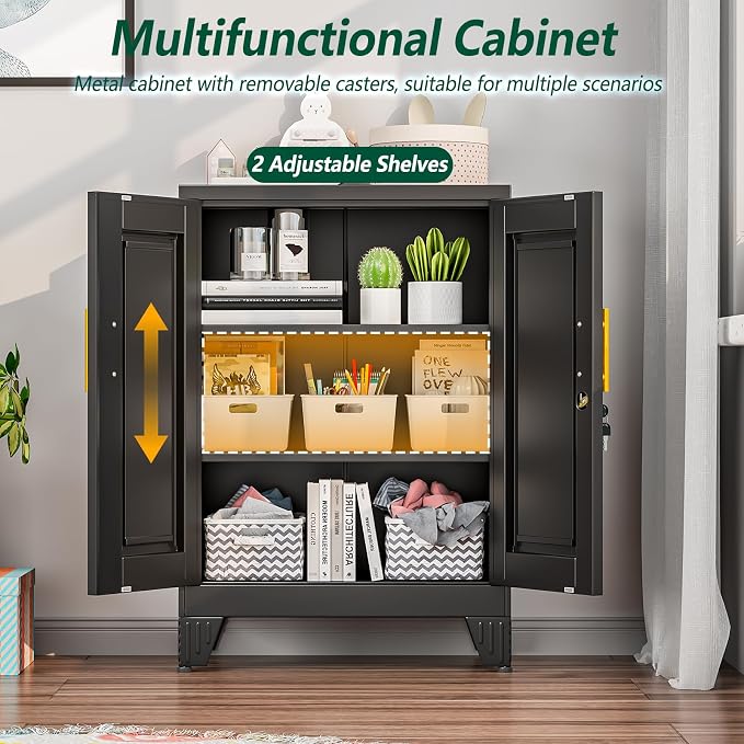 winiowa Tall Metal Storage Cabinet with Lock, Locking File Cabinet with 2 Doors and 2 Adjustable Shelves, Black Lockable Organizer for Home Office Garage（23.6" W）
