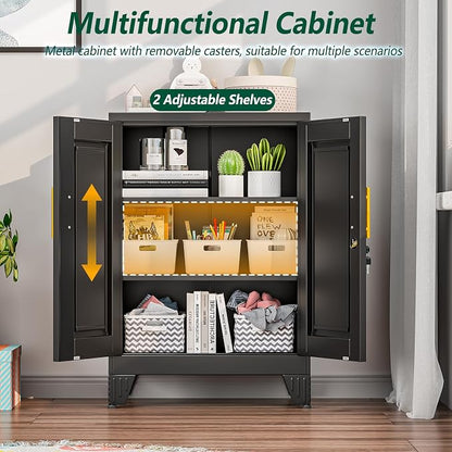 winiowa Tall Metal Storage Cabinet with Lock, Locking File Cabinet with 2 Doors and 2 Adjustable Shelves, Black Lockable Organizer for Home Office Garage（23.6" W）