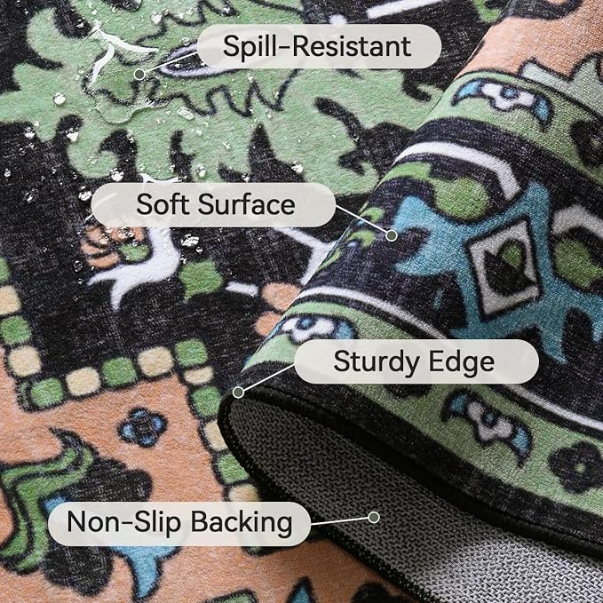Lofus 8x10 Area Rugs, Large Area Rug for Living Room, Floral Washable Area Rug for Bedroom, Office, Dining Room, Non-Slip Vintage Boho Rug, Low-Pile Soft Carpet, Traditional Oriental Style, Dark Green