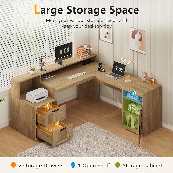 YOMILUVE 63" Farmhouse L Shaped Executive Desk with Drawers & Storage Shelf, Corner Fluted Computer Desk with Power Outlets, L Shaped Office Desk with Monitor Stand, Printer Shelf, Oak