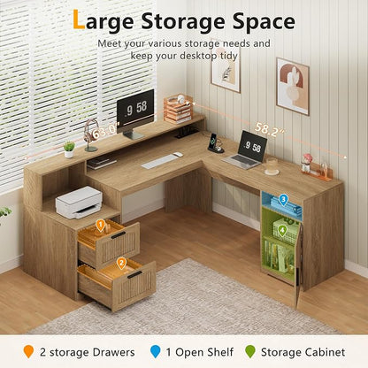 YOMILUVE 63" Farmhouse L Shaped Executive Desk with Drawers & Storage Shelf, Corner Fluted Computer Desk with Power Outlets, L Shaped Office Desk with Monitor Stand, Printer Shelf, Oak