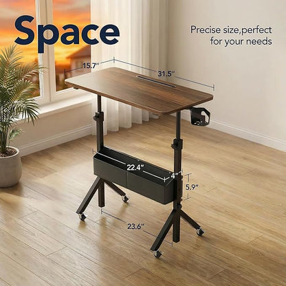 HUANUO Mobile Standing Desk with Wheels and Storage Basket, Height Adjustable 28.7"-46.1" Rolling Desk for Walking Pad, Small Space Laptop Computer Workstation for Home Office