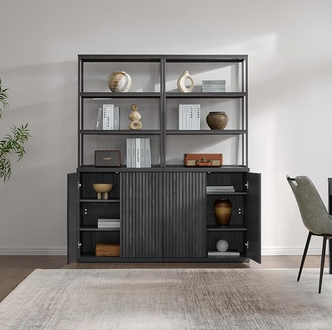 SICOTAS Fluted Bookshelf with Doors - 75" Tall Book Shelf with Storage 6 Tier Large Bookcase with Bottom Cabinet - Modern Metal Book Case for Living Room, Home Office, Kitchen and Library, 2 Pieces