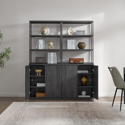 SICOTAS Fluted Bookshelf with Doors - 75" Tall Book Shelf with Storage 6 Tier Large Bookcase with Bottom Cabinet - Modern Metal Book Case for Living Room, Home Office, Kitchen and Library, 2 Pieces