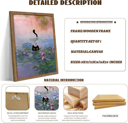 Vintage Framed Cat Canvas Wall Art Monet Print, Funny Black Cat in Water Lilies Poster, Monet Office Wall Decor, Floral Oil Painting Picture Artwork for Living Room Bathroom Aesthetic – 16x24 inch