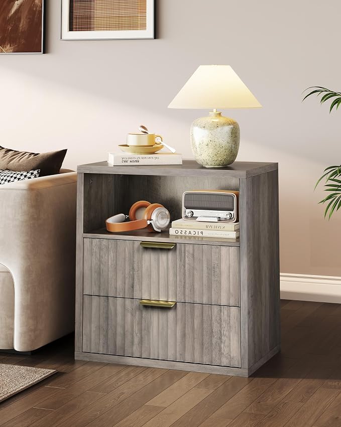 WLIVE Fluted Night Stand Set 2, Wood Nightstands Sets of 2 with Storage Drawers and Open Shelf, Mid Century Modern Bed Side Tables for Bedroom, Dorm, Greige