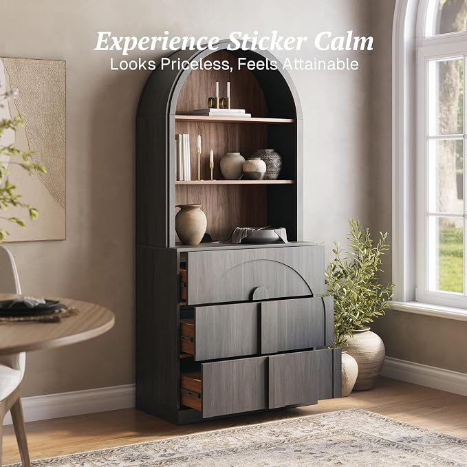 BELLEZE 71" Tall Storage Cabinet with 3 Drawers, Wooden Sideboard Buffet Cabinet with Hutch for Pantry and Kitchen Organizing, 5-Tier Modern Storage Unit for Living Room Home Office, Ebony