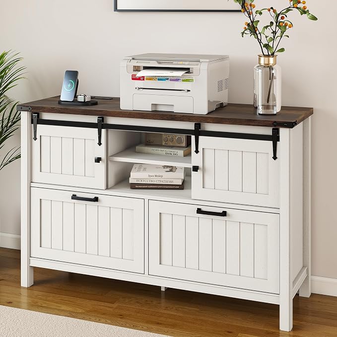 2 Drawer Lateral File Cabinet with Outlets & Charging Station for Files Letter/FC/A4, Farmhouse Filing Cabinets for Home Office Storage, Wooden Print Stand, 46.4" Wide, Antique White