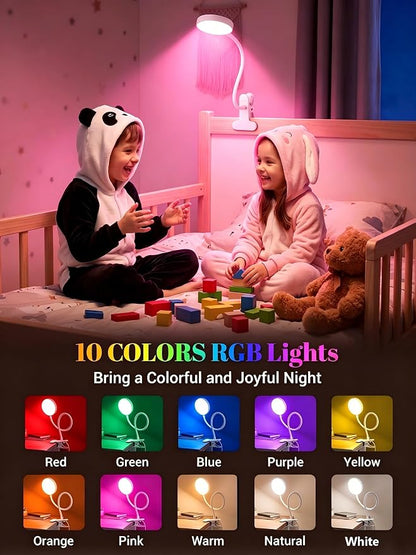 Clip on Lamp,10 RGB Colors+10 Brightness Clamp Light, 500 Lumen Bright Desk Lamp with Clamp, 72 LED Desk Light with USB Adapter, Clip on Reading Light for Bed/Headboard/Bedside Table/Bedroom/Dorm
