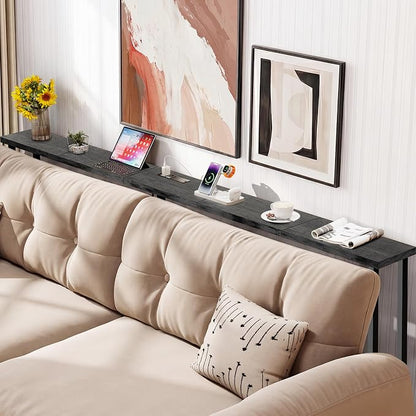 GRLEAF 70" Sofa Table with Built-in Power Strip (2 AC Outlets & 2 USB Ports) – 4.9ft Power Cord, Metal Frame, Easy Assembly, Long Couch Table Behind Sofa, Living Room and Home Office | Charcoal Gray