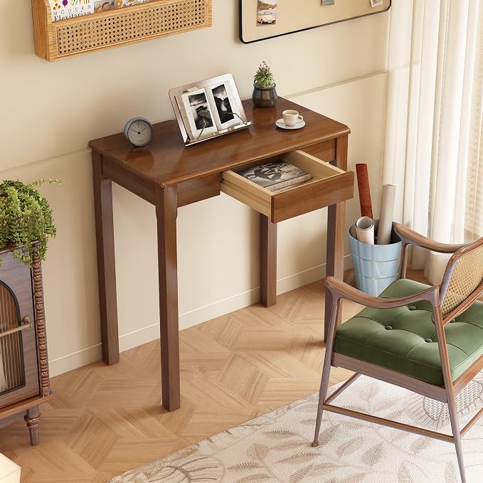 Solid Wood Desk with Drawers - 28 x 16 Inch Simple Narrow Desks, Rubber Wood Study Table, Small Writing Desk for Small Spaces|Bedroom - Natural Boho Desks