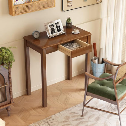 Solid Wood Desk with Drawers - 28 x 16 Inch Simple Narrow Desks, Rubber Wood Study Table, Small Writing Desk for Small Spaces|Bedroom - Natural Boho Desks