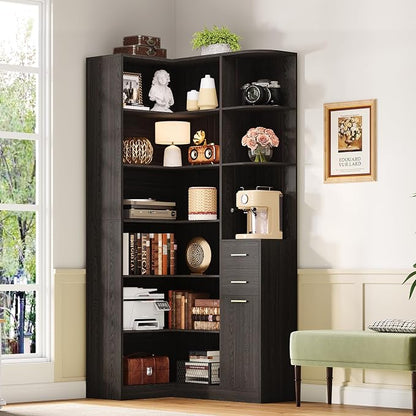 IRONCK Corner Bookshelf, 76" Tall Corner Bookshelves, 6 Tiers L-Shaped Bookcase with 10 Open Shelves and 2 Storage Drawers for Living Room or Home Office, Dark Brown