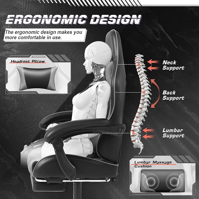 Shahoo Gaming Chair with Footrest and Massage Lumbar Support, Video Racing Seat Height Adjustable with 360°Swivel and Headrest for Office or Bedroom, Grey