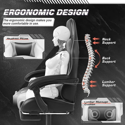 Shahoo Gaming Chair with Footrest and Massage Lumbar Support, Video Racing Seat Height Adjustable with 360°Swivel and Headrest for Office or Bedroom, Grey