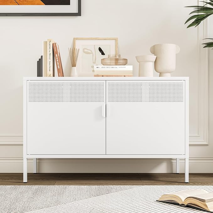 Chshin Metal Storage Cabinet with Doors,White Accent Cabinet,Metal Locker Storage Cabinets,2 Door TV Media Stand with Removable Shelves for,Home,Office,Entryway,Living Room