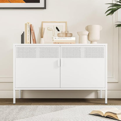 Chshin Metal Storage Cabinet with Doors,White Accent Cabinet,Metal Locker Storage Cabinets,2 Door TV Media Stand with Removable Shelves for,Home,Office,Entryway,Living Room