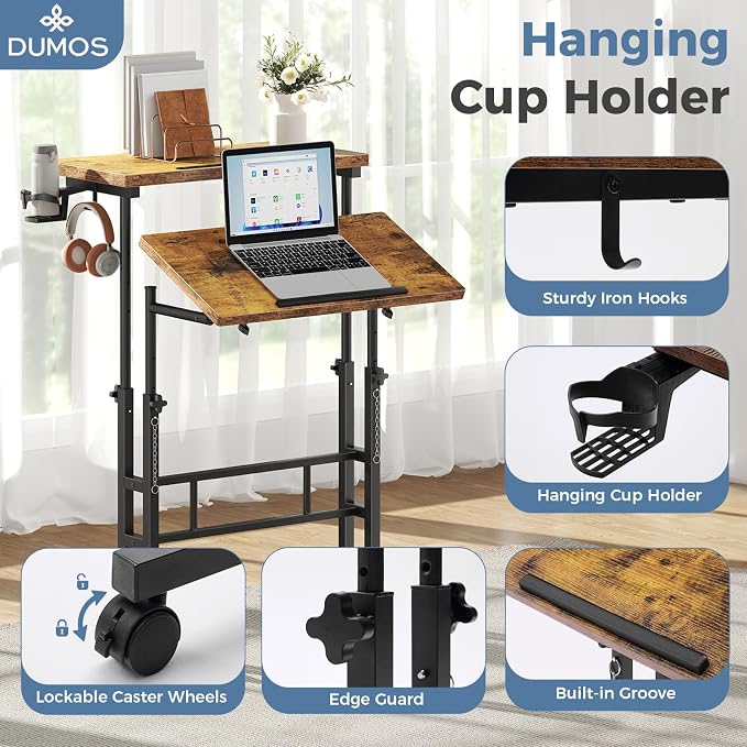 DUMOS Split Top Rolling Standing Desk 23.6 Inch Mobile Laptop Workstation Manual Height Adjustable Sit Stand Office Table Walking Pad Study Surface Portable Home Office Computer Cart Rustic Brown