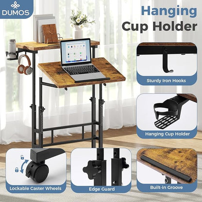 DUMOS Split Top Rolling Standing Desk 23.6 Inch Mobile Laptop Workstation Manual Height Adjustable Sit Stand Office Table Walking Pad Study Surface Portable Home Office Computer Cart Rustic Brown