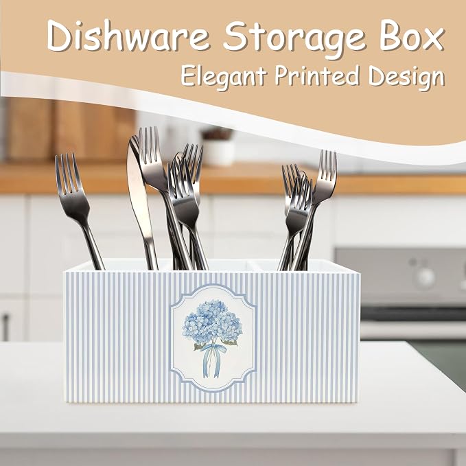 Hydrangea Pen Pencil Holder Organizer for Desk, Hydrangea Gifts, Hydrangeas Kitchen Cooking Makeup Brush Utensil Holder, Blue and White Bow Floral Wooden Box Sign for Home Office Tabletop Decor