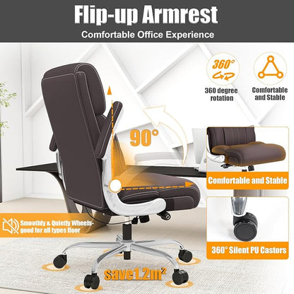 Ergonomic Leather Office Chair with Adjustable Lumbar Support, Flip-Up Armrests Desk Computer Chair, Swivel PC Chair with Rocking Function