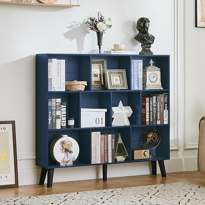 LEYAOYAO 10 Cube Bookshelf,3 Tier Modern Wide Bookcase with Legs,Mid-Century Wood Bookshelves Storage,Dark Blue Large Book Case,Freestanding Organizer Display Shelf for Bedroom,Living Room,Office
