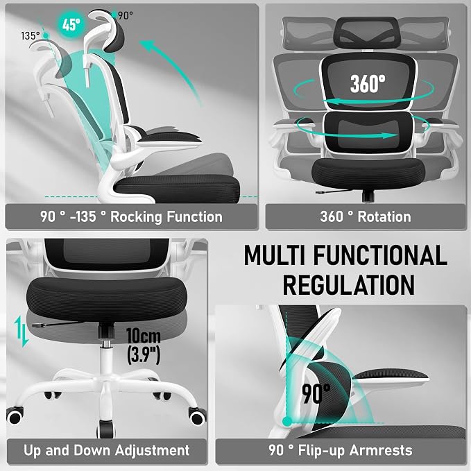BESTFAIR High Back Ergonomic Office Chair, Breathable Mesh Desk Chair with Lumbar Support, Adjustable Headrest, Flip-up Armrests, Computer Gaming Chair, (White)