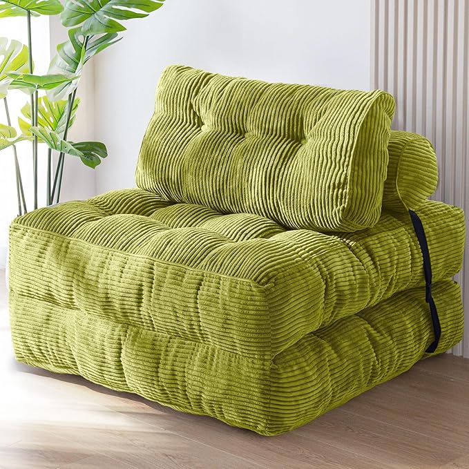 MAXYOYO Folding Sofa Bed, Convertible Chair with Pillow Foldable Couch with Back Support, Portable Fold Out Chair Bed Comfy Floor Sofa Lounge for Living Room Bedroom, Beige, Green