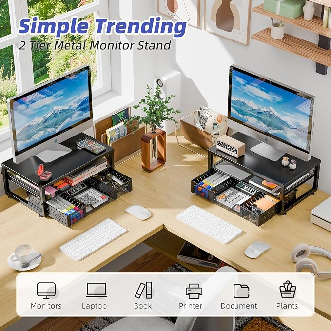 Simple Trending Monitor Stand Riser with Drawer, Black for Home Office | Metal 2-Tier Monitor Stand with Hidden Drawer | Ergonomic Neck Support | Desk Organizer | Space Saving | Fast Setup
