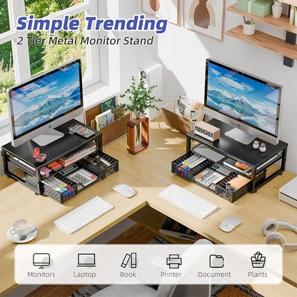 Simple Trending Monitor Stand Riser with Drawer, Black for Home Office | Metal 2-Tier Monitor Stand with Hidden Drawer | Ergonomic Neck Support | Desk Organizer | Space Saving | Fast Setup