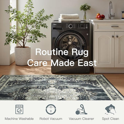 Lofus 8x10 Washable Rugs Non-Slip, Vintage Floral Area Rug for Living Room Bedroom Dining Room Kitchen, Low Pile Distress Print Medallion Carpet Home Decor Rug, Black Beige