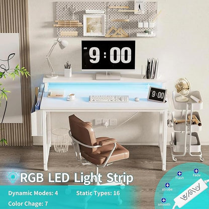 Lufeiya White Computer Desk with LED Lights and Power Outlets, 40 Inch Home Office Desks with Monitor Stand, Teen Writing Study Table Gaming Desk with Charging Station, White