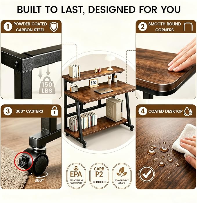 47.2 Inch Compact Rolling Computer Desk with Tier Worktable & Lockable Wheels, Small Computer Desk, Small Desk for Bedroom, Mobile Writing Workstation Easy Assembly for Home Office Small Spaces